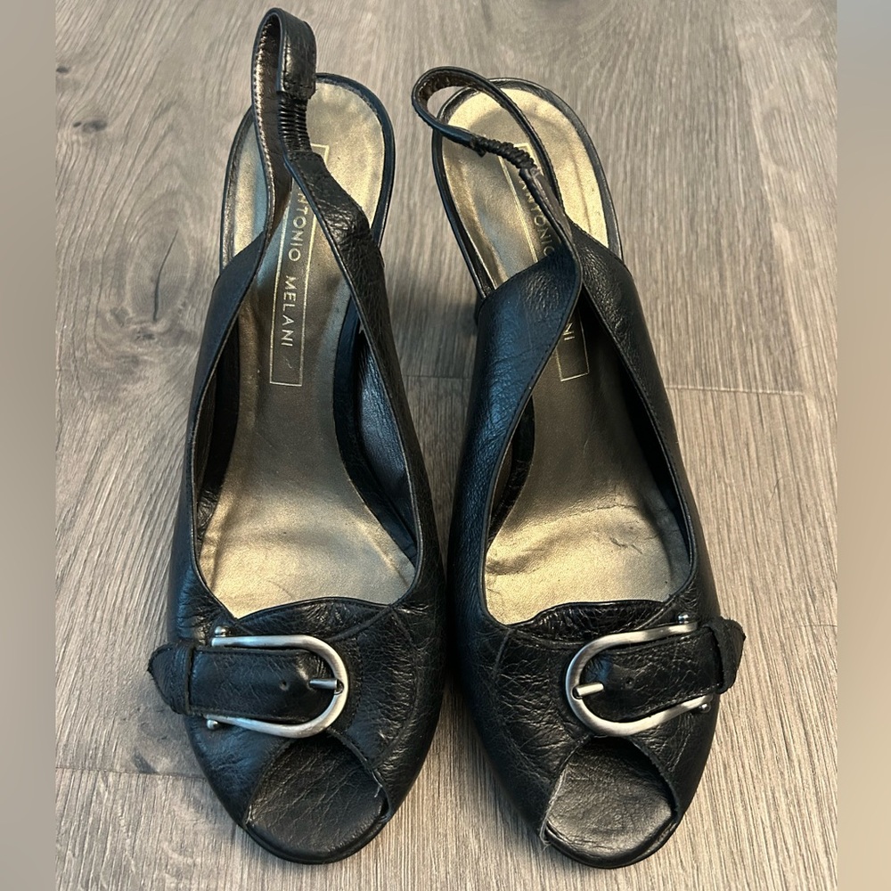 ANTONIO MELANI Black Leather Slingback Heels